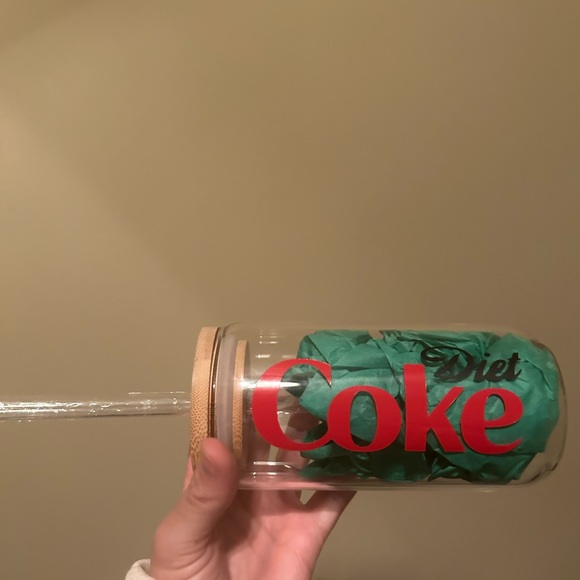 16 Oz Can Shaped Glass Cup with vinyl Diet Coke logo and glass straw. - Picture 4 of 5